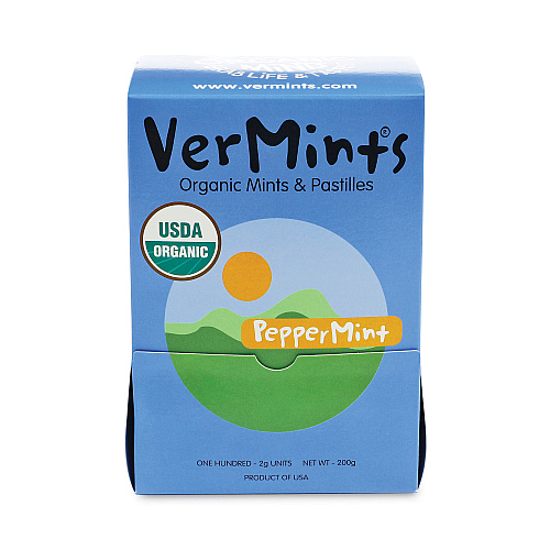 VerMints Organic Mints/Pastilles, Peppermint, 2 Mints/0.7 oz Individually Wrapped, 100/Box (VNT00992)