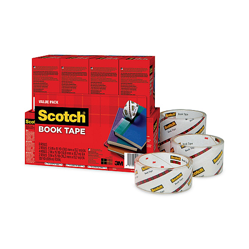 Scotch Book Tape Value Pack, 3" Core, (2) 1.5" x 15 yds, (4) 2" x 15 yds, (2) 3" x 15 yds, Clear, 8/Pack (845VP)