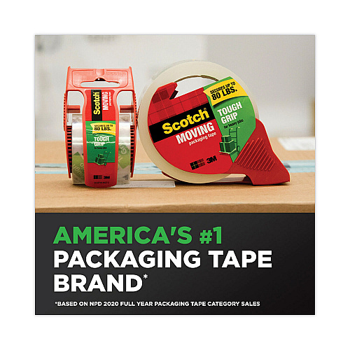 Scotch Tough Grip Moving Packaging Tape with Dispenser, 3" Core, 1.88" x 38.2 yds, Clear, 2/Pack (3500S21RD)