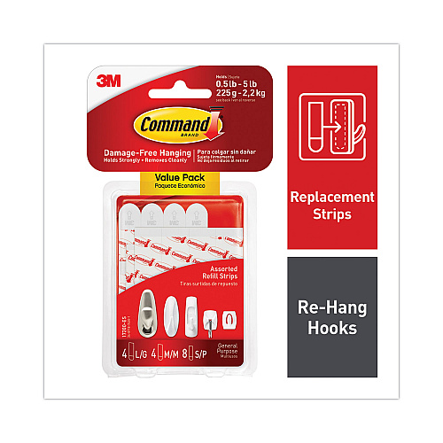 Command Damage-Free Hanging Indoor Refill Strips, (8) Small (0.63" x 1.81"), (4) Med (0.63" x 2.75"), (4) Large (0.75" x 3.65"),White (17200)