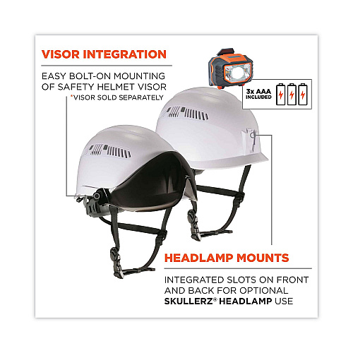 ergodyne Skullerz 8975LED Class C Safety Helmet with 8981 Universal LED Headlamp, 6-Point Ratchet Suspension, White (60205)
