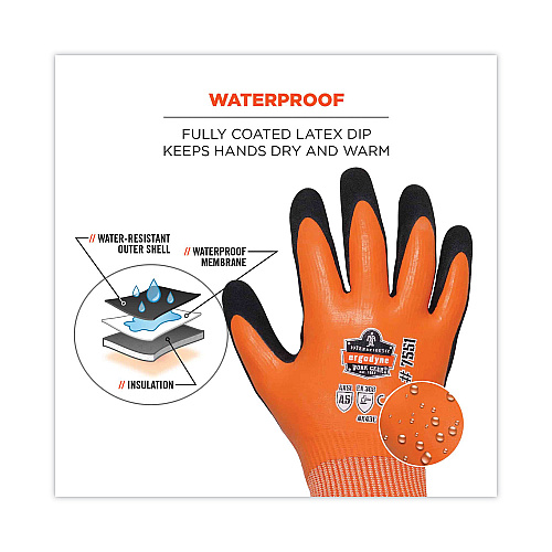 ergodyne ProFlex 7551 ANSI A5 Coated Waterproof CR Gloves, Orange, Large, Pair (17674)