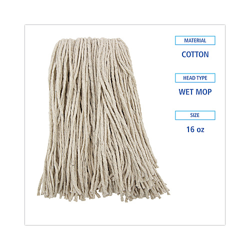 Boardwalk&reg; Cotton Cut-End Wet Mop Heads, 16 oz, White, 12 Mop Heads (BWK216CCT)
