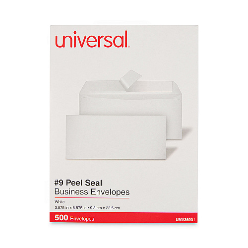 Universal Peel Seal Strip Business Envelope, #9, Square Flap, Self-Adhesive Closure, 3.88 x 8.88, White, 500/Box (UNV36001)