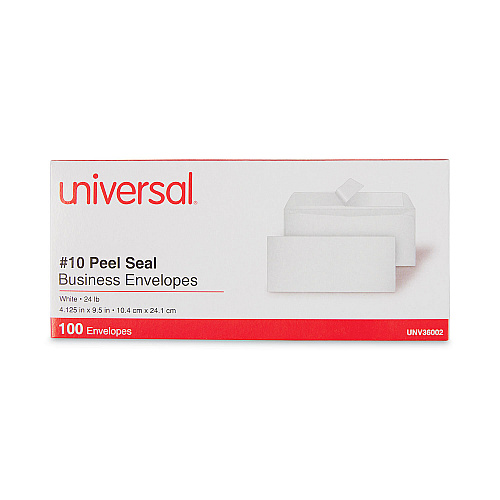 Universal Peel Seal Strip Business Envelope, #10, Square Flap, Self-Adhesive Closure, 4.13 x 9.5, White, 100/Box (UNV36002)