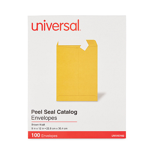 Universal Peel Seal Strip Catalog Envelope, #10 1/2, Square Flap, Self-Adhesive Closure, 9 x 12, Natural Kraft, 100/Box (UNV40102)