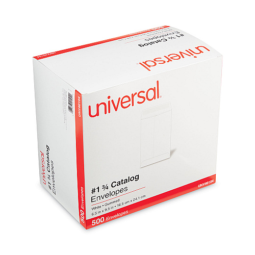 Universal Catalog Envelope, 24 lb Bond Weight Paper, #1 3/4, Square Flap, Gummed Closure, 6.5 x 9.5, White, 500/Box (UNV40104)