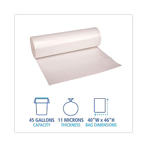 Boardwalk High-Density Can Liners, 45 gal, 11 mic, 40" x 46", Natural, Perforated Roll, 25 Bags/Roll, 10 Rolls/Carton (BWK404614)