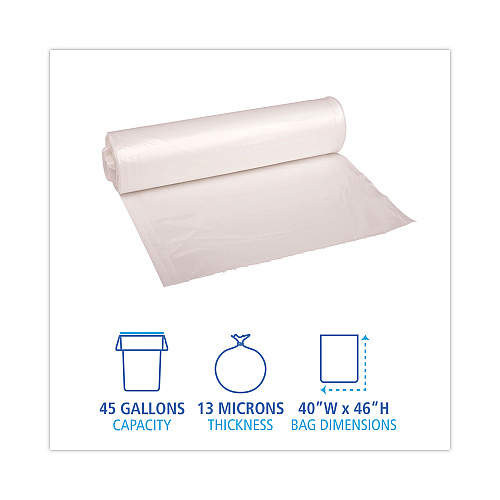 Boardwalk High-Density Can Liners, 45 gal, 13 mic, 40" x 46", Natural, Perforated Roll, 25 Bags/Roll, 10 Rolls/Carton (BWK404616)