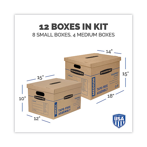 Bankers Box SmoothMove Classic Moving/Storage Box Kit, Half Slotted Container (HSC), Assorted Sizes: (8) Small, (4) Med, Brown/Blue,12/CT (7716401)