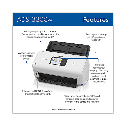 Brother ADS-3300W High-Speed Desktop Scanner, 600 dpi Optical Resolution, 60-sheet ADF