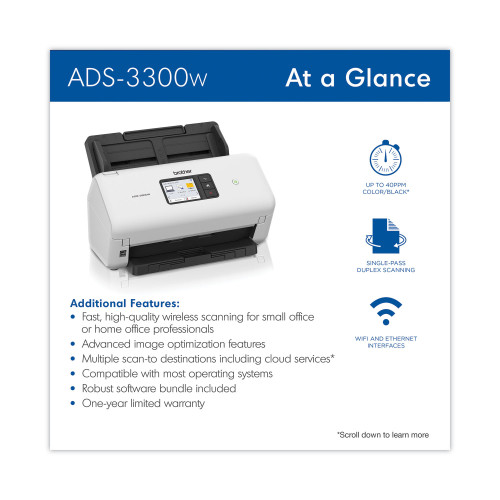 Brother ADS3300W HighSpeed Desktop Scanner, 600 dpi Optical Resolution, 60sheet ADF