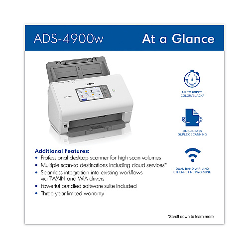Brother ADS-4900W Professional Desktop Scanner, 600 dpi Optical Resolution, 100-Sheet Auto Document Feeder