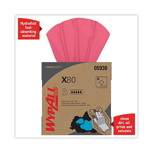 WypAll&reg; Power Clean X80 Heavy Duty Red Cloths, 76 Towels, 5 Boxes (05930)