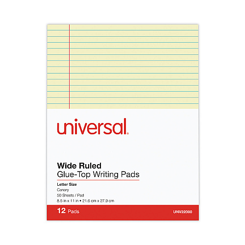 Universal Glue Top Pads, Wide/Legal Rule, 50 Canary-Yellow 8.5 x 11 Sheets, Dozen (UNV22000)