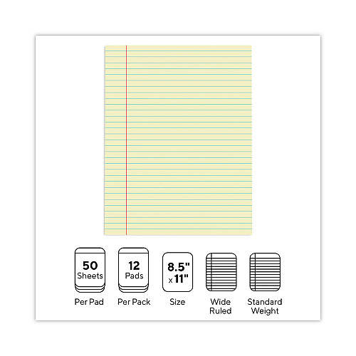 Universal Glue Top Pads, Wide/Legal Rule, 50 Canary-Yellow 8.5 x 11 Sheets, Dozen (UNV22000)