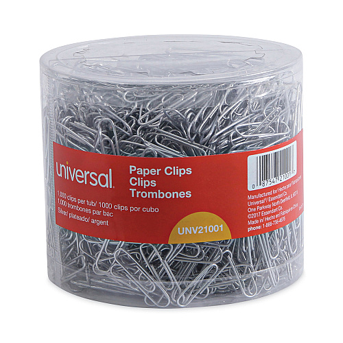 Universal Plastic-Coated Paper Clips with Two-Compartment Dispenser Tub, (750) #2 Clips, (250) Jumbo Clips, Silver (UNV21001)