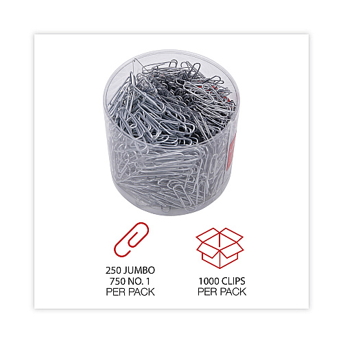 Universal Plastic-Coated Paper Clips with Two-Compartment Dispenser Tub, (750) #2 Clips, (250) Jumbo Clips, Silver (UNV21001)