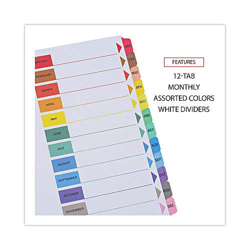 Universal Deluxe Table of Contents Dividers for Printers, 12-Tab, Jan. to Dec., 11 x 8.5, White, 1 Set (UNV24810)
