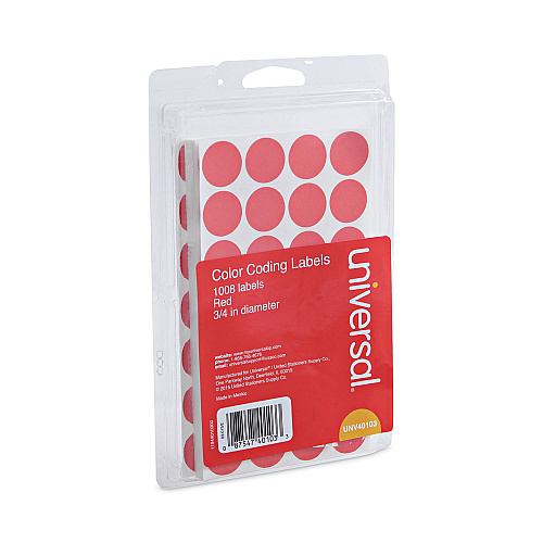 Universal Self-Adhesive Removable Color-Coding Labels, 0.75" dia, Red, 28/Sheet, 36 Sheets/Pack (UNV40103)