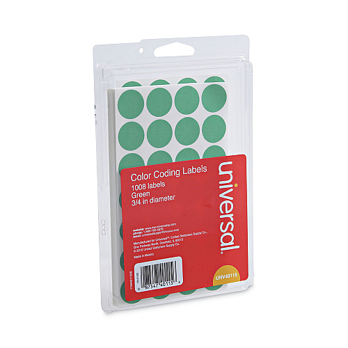 Universal Self-Adhesive Removable Color-Coding Labels, 0.75" dia, Green, 28/Sheet, 36 Sheets/Pack (UNV40115)