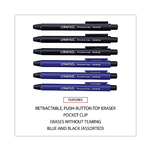 Universal Pen-Style Retractable Eraser, For Pencil Marks, White Eraser, Assorted Barrel Colors, 6/Pack (UNV55106)