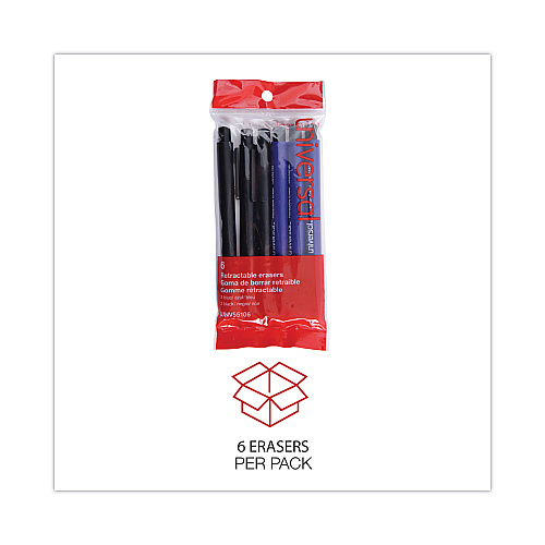 Universal Pen-Style Retractable Eraser, For Pencil Marks, White Eraser, Assorted Barrel Colors, 6/Pack (UNV55106)