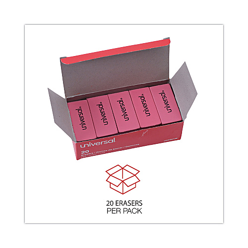 Universal Bevel Block Erasers, For Pencil Marks, Slanted-Edge Rectangular Block, Large, Pink, 20/Pack (UNV55120)