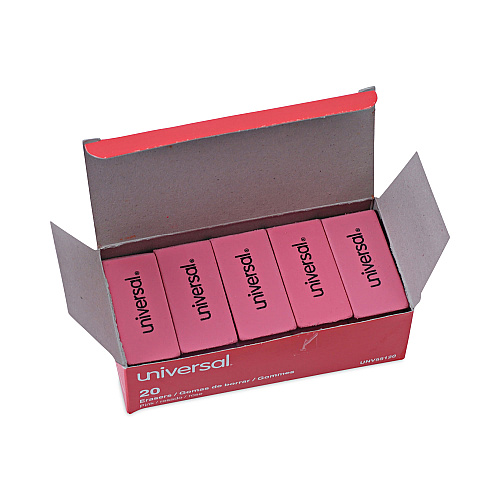 Universal Bevel Block Erasers, For Pencil Marks, Slanted-Edge Rectangular Block, Large, Pink, 20/Pack (UNV55120)