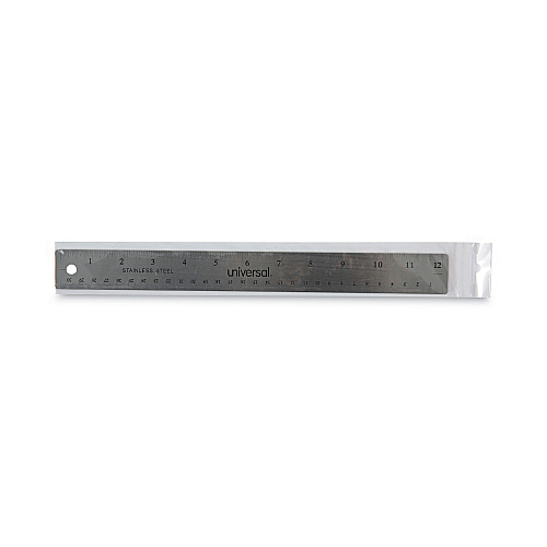 Universal Stainless Steel Ruler with Cork Back and Hanging Hole, Standard/Metric, 12" Long (UNV59023)