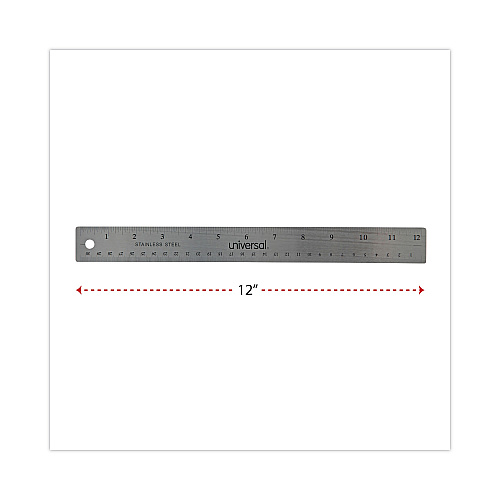Universal Stainless Steel Ruler with Cork Back and Hanging Hole, Standard/Metric, 12" Long (UNV59023)