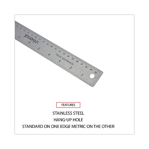 Universal Stainless Steel Ruler with Cork Back and Hanging Hole, Standard/Metric, 12" Long (UNV59023)