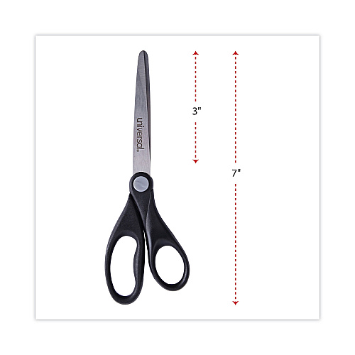 Universal Stainless Steel Office Scissors, 7" Long, 3" Cut Length, Straight Black Handle (UNV92008)
