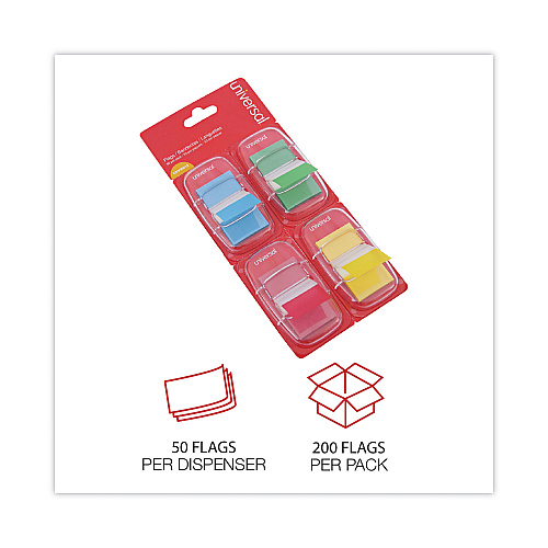 Universal Deluxe Pop-Up Page Flags, 1 x 1.75, Four Assorted Colors, 50 Flags/Dispenser, 4 Dispensers/Pack (UNV99012)