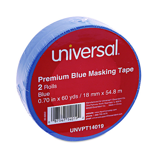 Universal Premium Blue Masking Tape with UV Resistance, 3" Core, 18 mm x 54.8 m, Blue, 2/Pack (UNVPT14019)