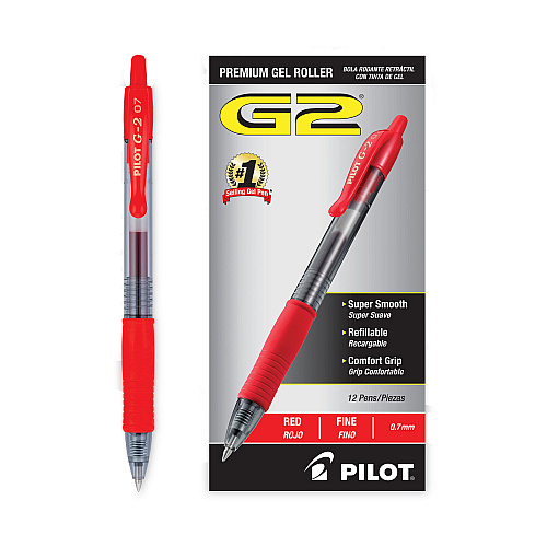 Pilot G2 Premium Gel Pen, Retractable, Fine 0.7 mm, Red Ink, Smoke/Red Barrel, Dozen (31022)