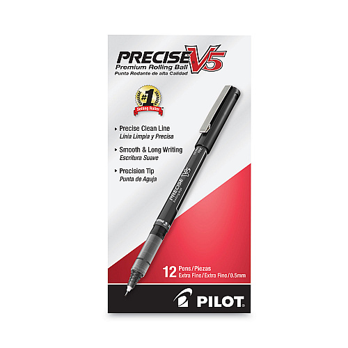 Pilot Precise V5 Roller Ball Pen, Stick, Extra-Fine 0.5 mm, Black Ink, Black/Clear Barrel, Dozen (35334)