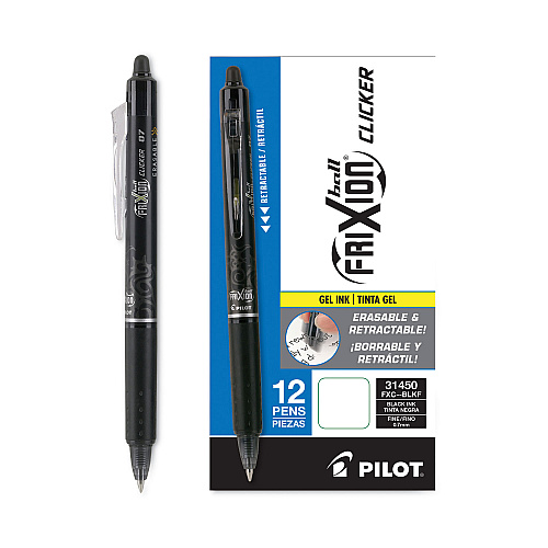 Pilot FriXion Clicker Erasable Gel Pen, Retractable, Fine 0.7 mm, Black Ink, Black Barrel (31450)