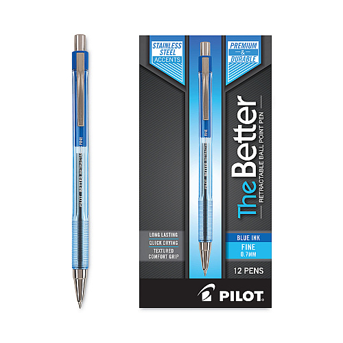 Pilot Better Ballpoint Pen, Retractable, Fine 0.7 mm, Blue Ink, Translucent Blue Barrel, Dozen (30001)