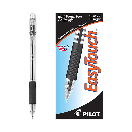 Pilot EasyTouch Ballpoint Pen, Stick, Medium 1 mm, Black Ink, Clear/Black Barrel, Dozen (32010)