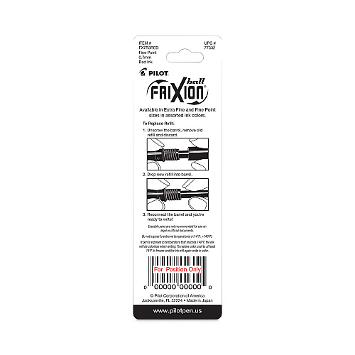 Refill for Pilot FriXion Erasable, FriXion Ball, FriXion Clicker and FriXion LX Gel Ink Pens, Fine Tip, Red Ink, 3/Pack (77332)