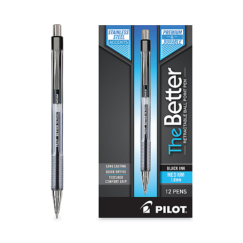 Pilot Better Ballpoint Pen, Retractable, Medium 1 mm, Black Ink, Smoke Barrel, Dozen (30005)