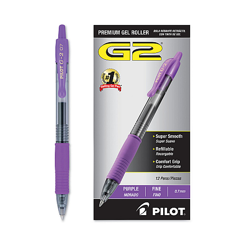 Pilot G2 Premium Gel Pen, Retractable, Fine 0.7 mm, Purple Ink, Smoke/Purple Barrel, Dozen (31029)