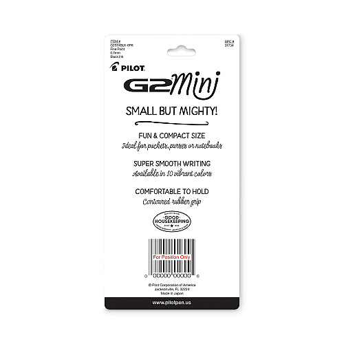 Pilot G2 Mini Gel Pen, Retractable, Fine 0.7 mm, Black Ink, Smoke/Black Barrel, 4/Pack (31734)