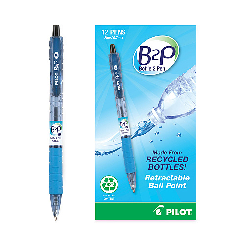 Pilot B2P Bottle-2-Pen Recycled Ballpoint Pen, Retractable, Fine 0.7 mm, Black Ink, Translucent Blue Barrel, Dozen (32600)