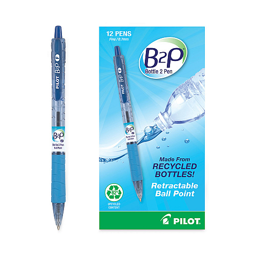Pilot B2P Bottle-2-Pen Recycled Ballpoint Pen, Retractable, Fine 0.7 mm, Blue Ink, Translucent Blue Barrel, Dozen (32601)