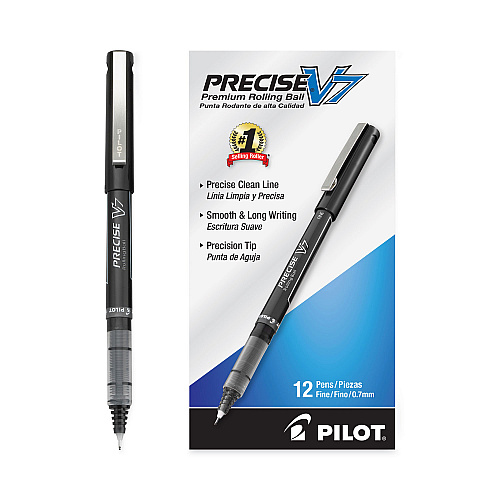 Pilot Precise V7 Roller Ball Pen, Stick, Fine 0.7 mm, Black Ink, Black/Clear Barrel, Dozen (35346)