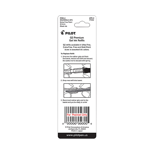 Refill for Pilot B2P, Dr Grip, G2, G6, MR Metropolitan, Precise BeGreen and Q7 Gel Pens, Extra-Fine Tip, Black Ink, 2/Pack (77232)