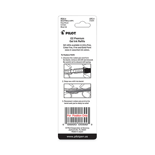 Refill for Pilot B2P, Dr Grip, G2, G6, MR Metropolitan, Precise BeGreen and Q7 Gel Pens, Fine Tip, Blue Ink, 2/Pack (77241)