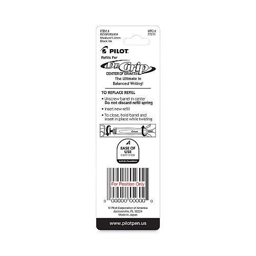 Refill for Pilot Dr. Grip Center of Gravity Ballpoint Pens, Medium Conical Tip, Black Ink, 2/Pack (77271)